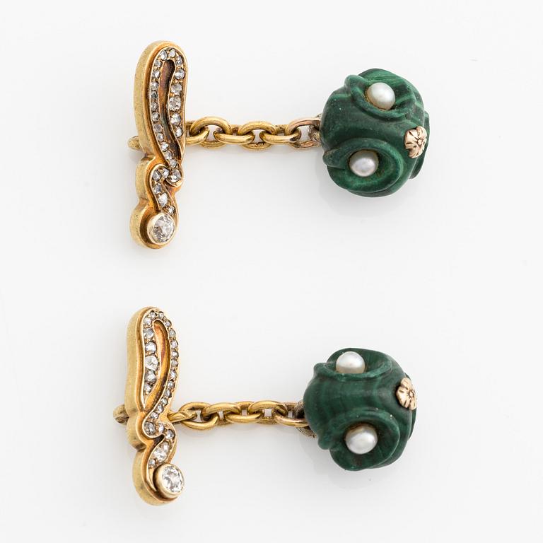 A pair of jewelled malachite cufflinks, C.E. Bolin, St Petersburg, workmaster Vladimir Finikov active 1880-1908.