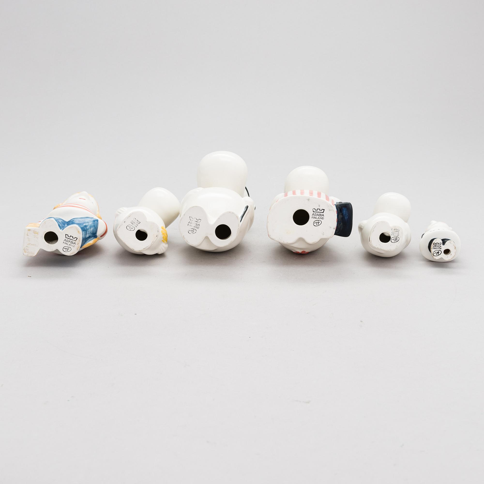 Muminfigurer, 6 st, porslin, stämplade Arabia Finland TP. I produktion 1990-1997.