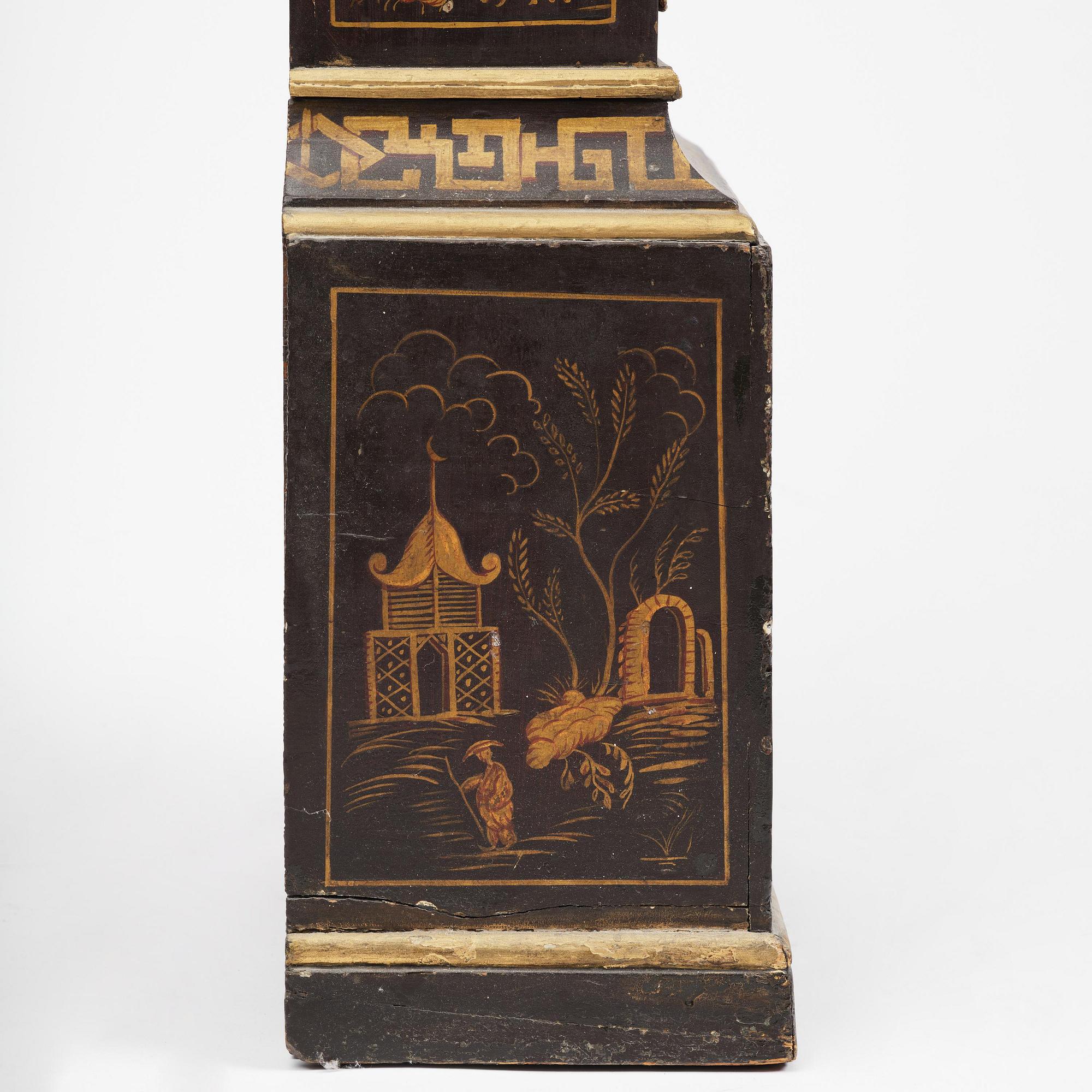 A George II japanned musical longcase clock by William Barrow (watchmaker in London 1700-36).