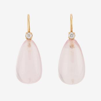 A pair of 18K gold earrings with rose quartz and round brilliant-cut diamonds.