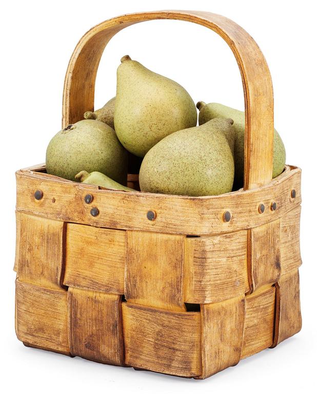 An Ingrid Herrlin stoneware basket with 14 pears.