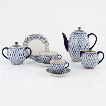 A 37-piece porcelain 'Cobalt Net' coffee and tea set, Lomonosov, Soviet Union.