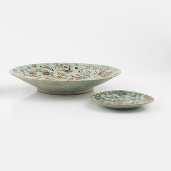 Five porcelain plates and a dish, China, Qing Dynastu, 19th century.