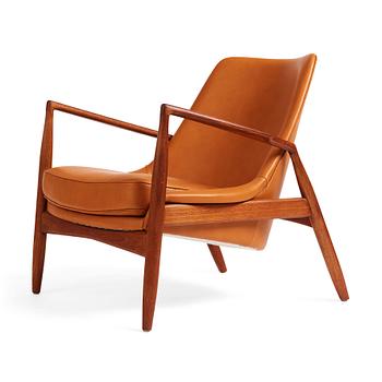 409. Ib Kofod-Larsen, a teak and brown leather 'Sälen' easy chair, OPE Möbler, Jönköping 1950s.