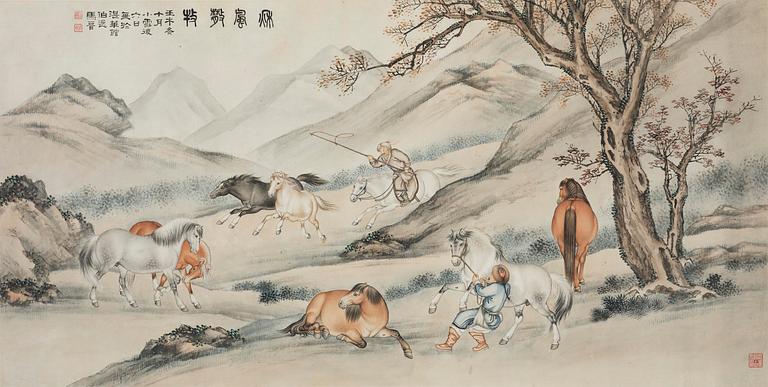 A Chinese scroll painting signed Ma Jin (1900-1970), dated 1942.
