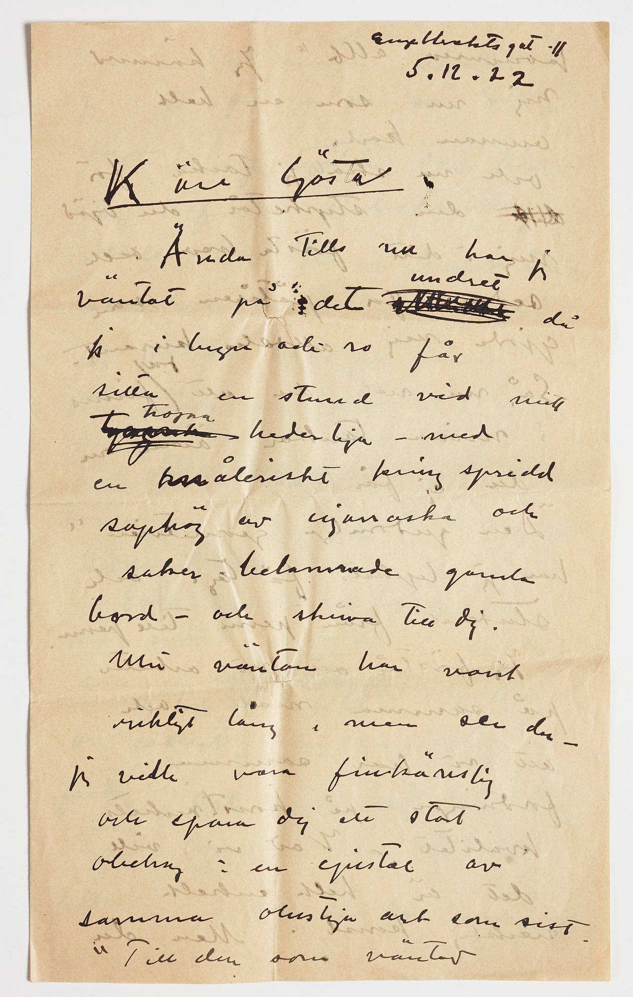 LETTER, from Carl Kylberg in Gothenburg to GAN (Gösta Adrian-Nilsson) in Paris, dated 5.12.(19)22. Envelope enclosed.