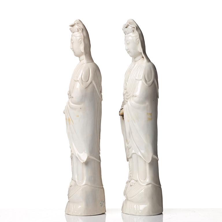 A pair of blanc de chine figures of Guanyin, 18th Century.