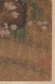 A painting with birds and butterflies in a flowering garden, Qing dynasty (1644-1912).