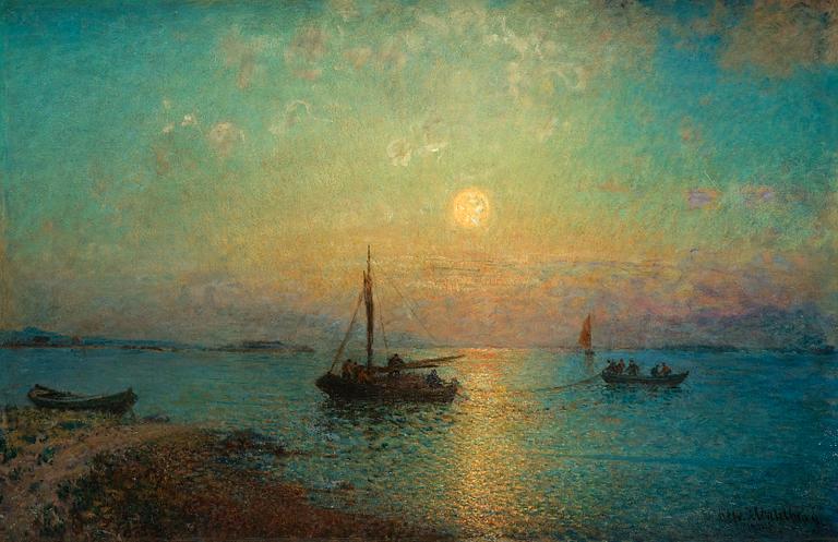 Alfred Wahlberg, The sun setting over fishing boats.