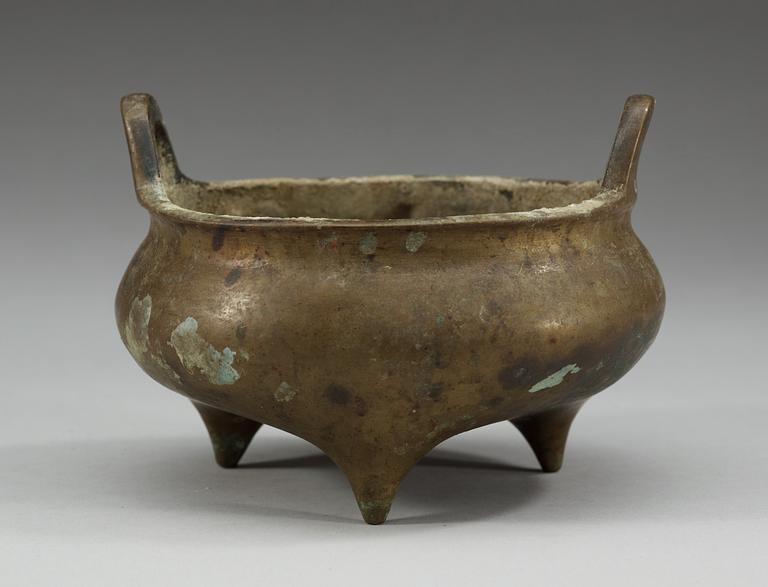 A bronze tripod censer, Qing dynasty with a inscription and Xuande mark, dated to sixth year of Xuande (corresponding to 1431).