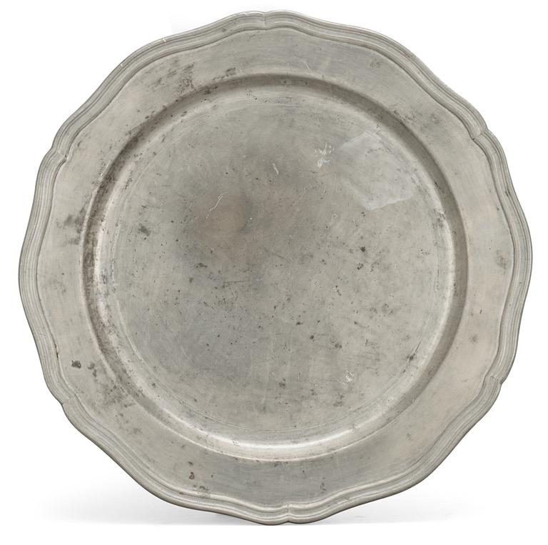 A Rococo pewter plate by G. Östling, Vimmerby 1771.