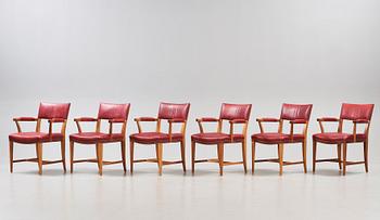 Josef Frank, a set of six mahogany and red leather dining chairs, Svenskt Tenn, Sweden, model 695.