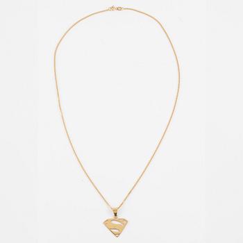 Pendant with chain and a pair of earrings, 18K gold, in the form of Superman/Superwoman logo.