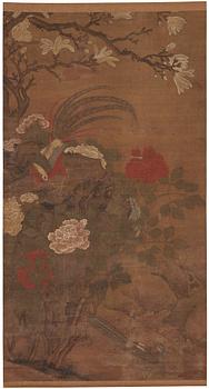 915. A scroll painting, ink and colour on silk laid on paper, by anonymous artist, late Ming/early Qing dynasty.