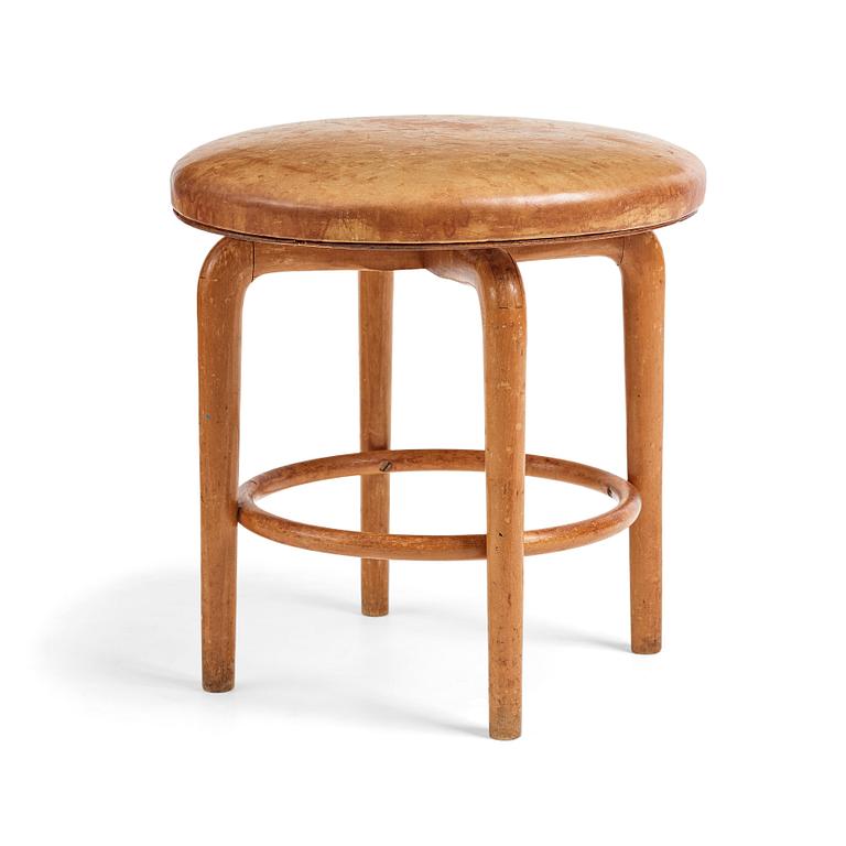 Vilhelm Lauritzen, a beech and leather stool for Fritz Hansen, Denmark 1930's.