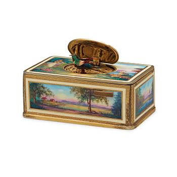 A Swiss early 20th century gilt metal and enamel music-box.