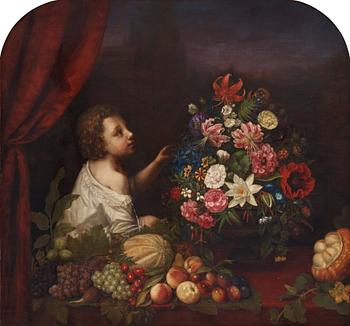 Sophie Adlersparre, Still life with flowers, fruits and a child.