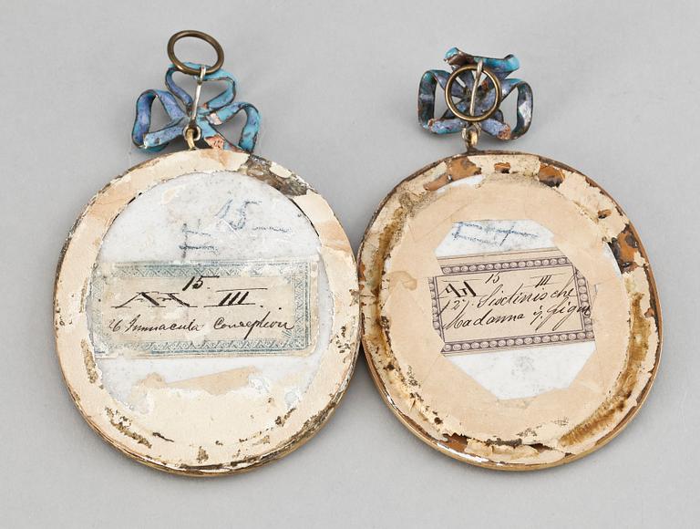 A pair of porcelain miniature paintings in gilt enamelled frames, 19th Century.