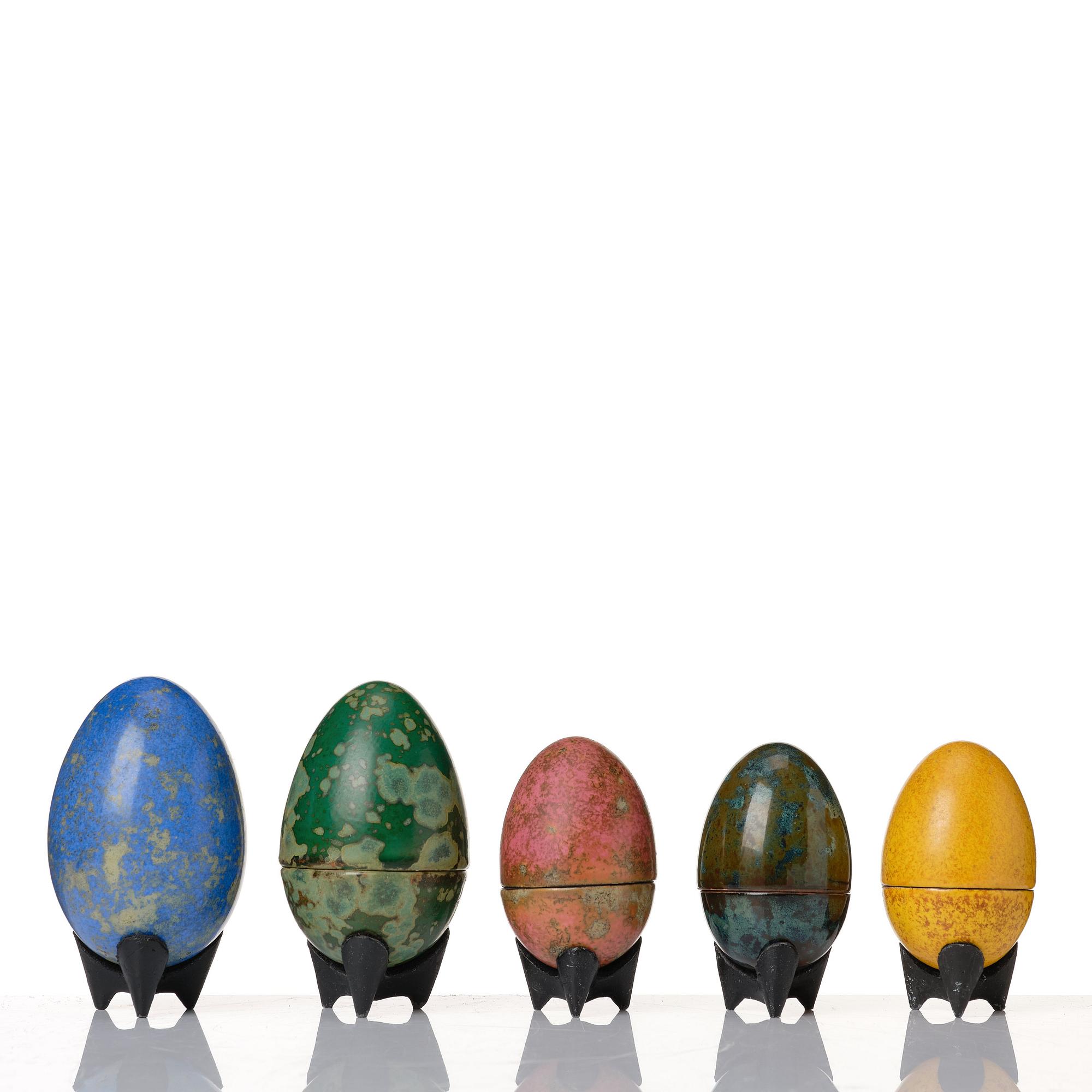 Hans Hedberg, a set of five faience sculptures of eggs, Biot, France.
