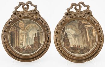 Engravings, a pair, coloured, 18th Century, probably French/Italian, signed.