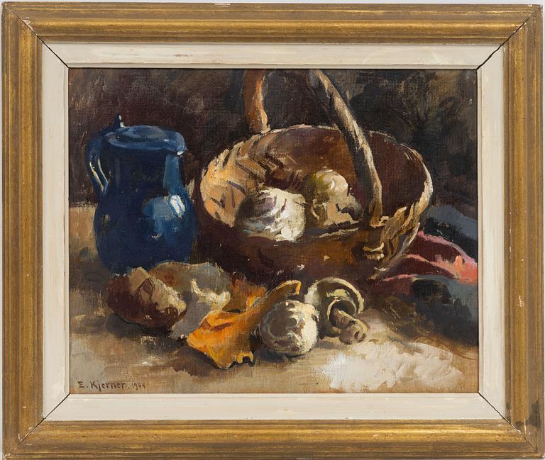 Esther Kjerner, Still Life with Jug and Mushroom Basket.