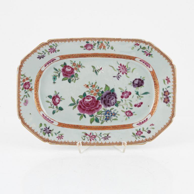 A famille rose dish, sauce boat and bowl, Qing dynasty, 18th Century.
