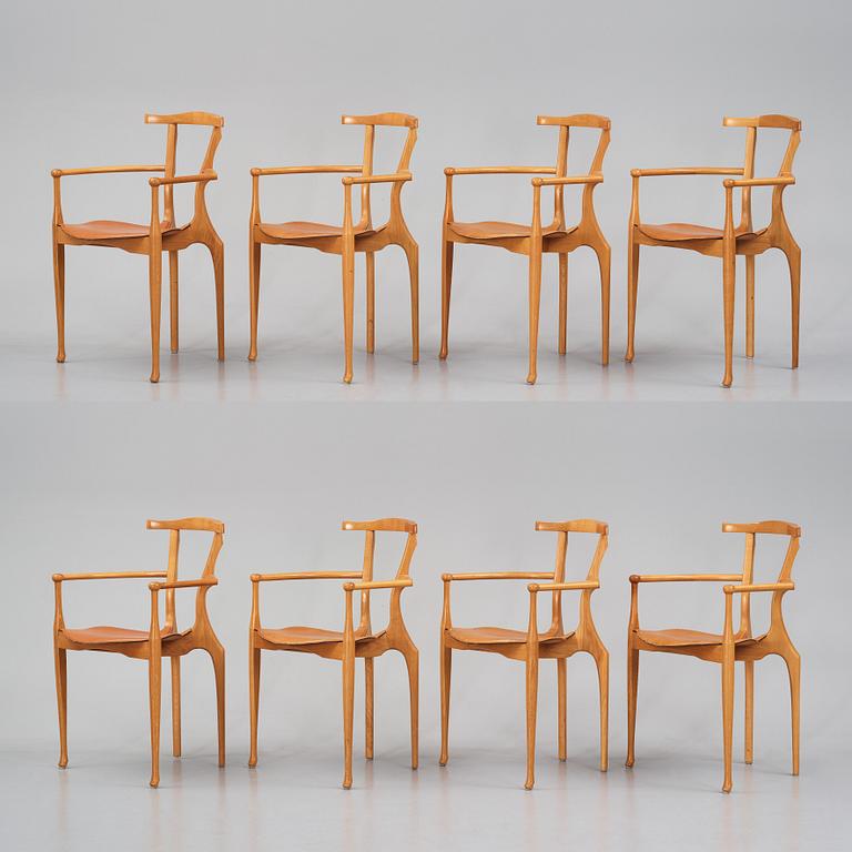 Oscar Tusquets Blanca, a set of 8 oak chairs, "The Gaulino Chair", Carlos Jane, Spain, first edition ca 1987-1988.