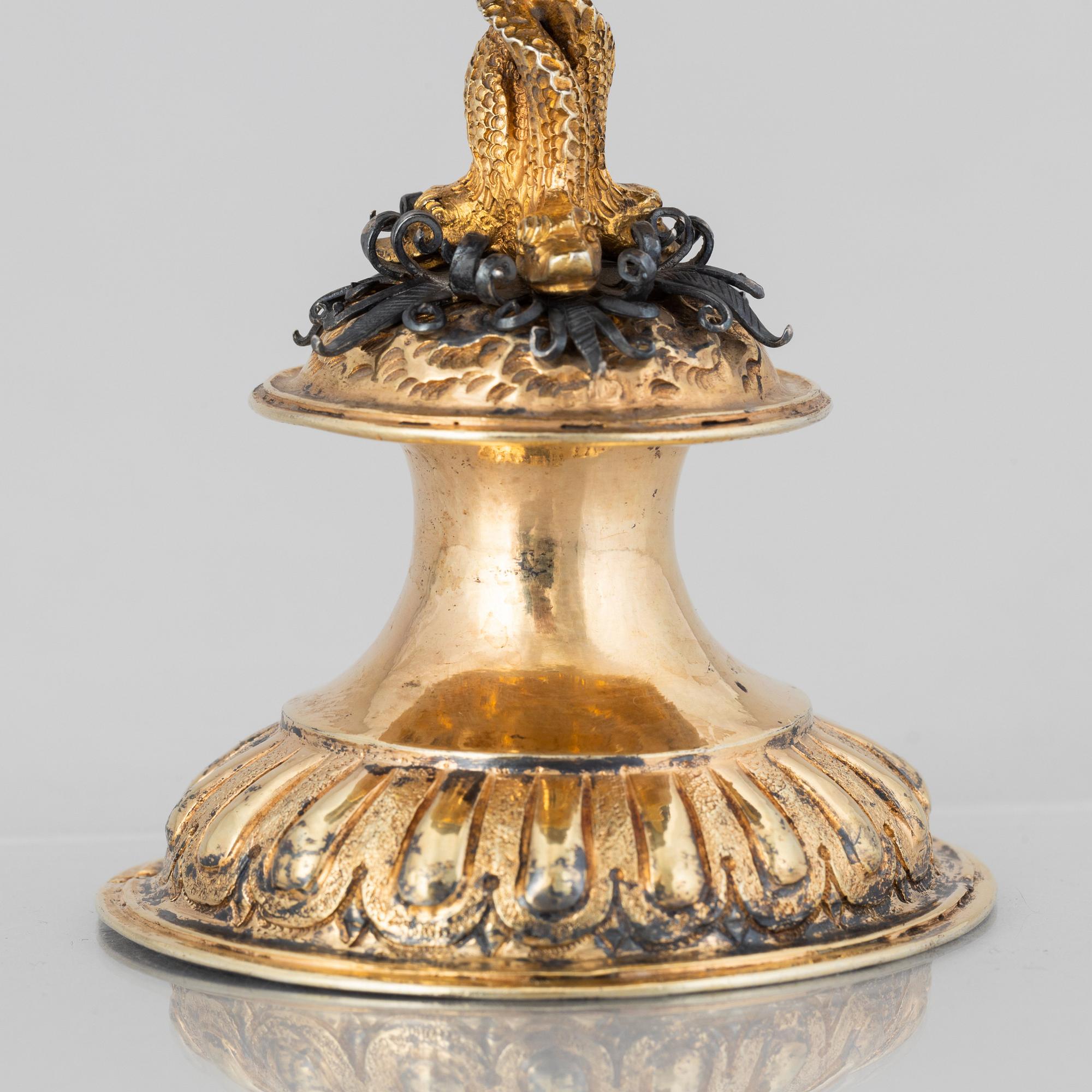 A German parcel-gilt saltcellar/spice rack, makers mark Paulus Braunacker, Nurnberg, probably mid 17th Century.