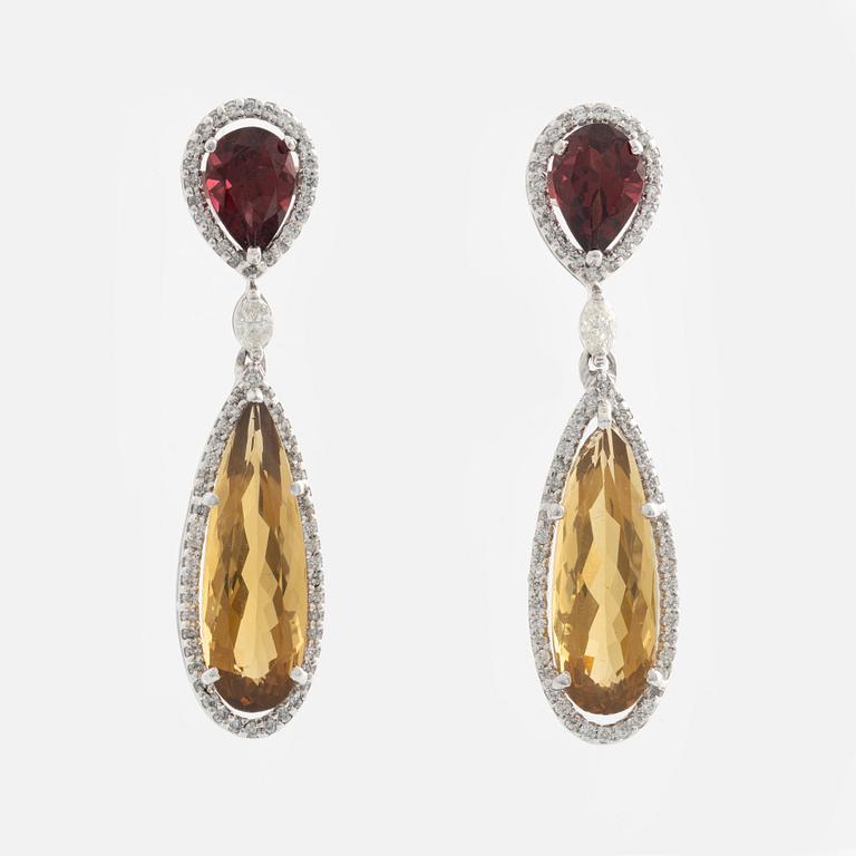 Earrings, white gold with citrines, garnets, and marquise and brilliant-cut diamonds.