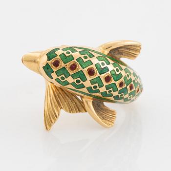 18K gold and green enamel dolphin ring.