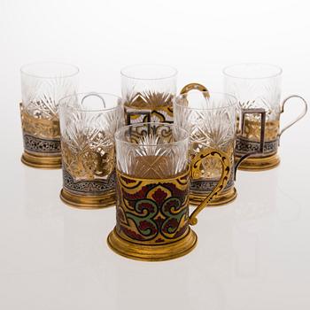 Six Russian tea glass holders, silver, metal and enamel, latter half of the 20th century.