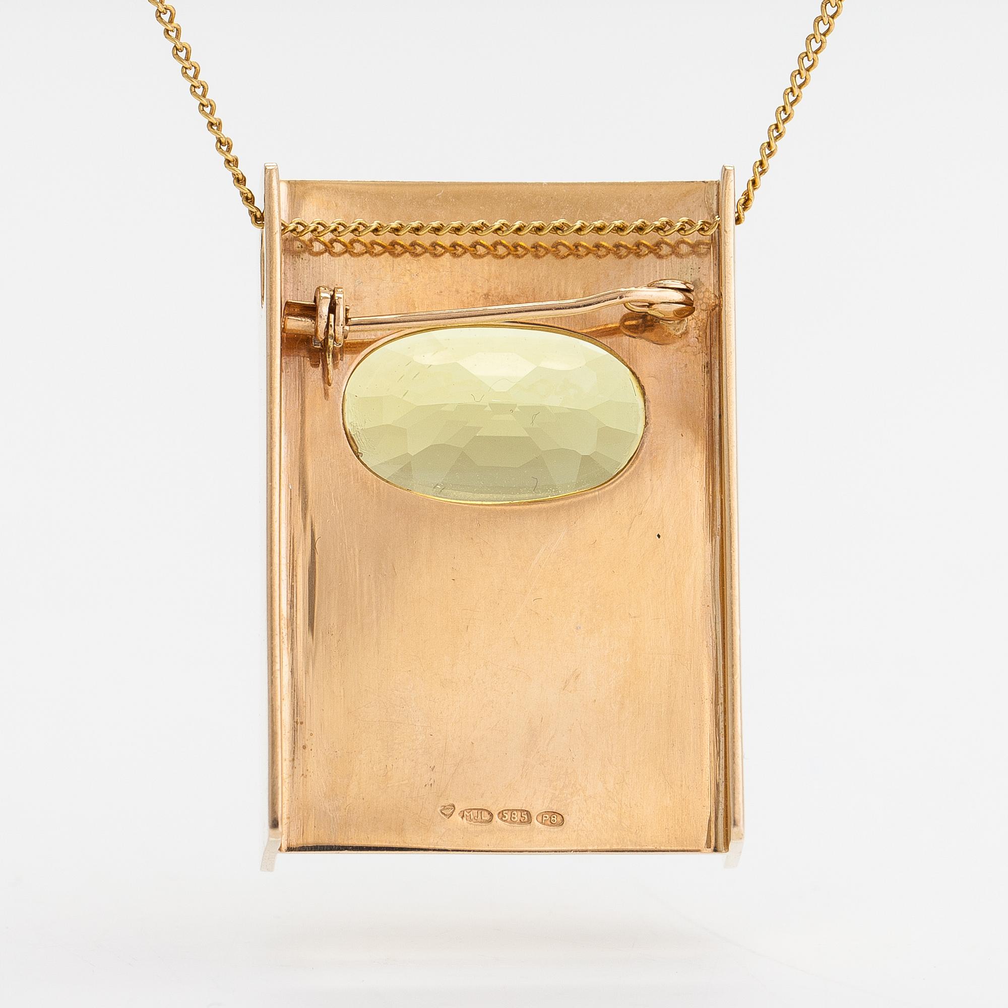 Markku Liitola, A 14K gold necklace/brooch with a heliodor/yellow beryl. Turku 1992.