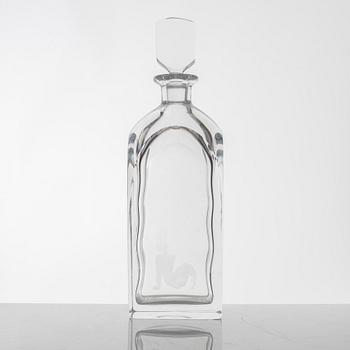Vicke Lindstrand and Nils Landberg, a glass decanter with stopper and six glasses, Orrefors, Sweden 1940s-50s.