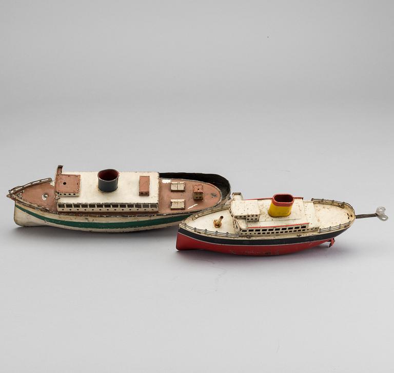 LEKSAKSBÅTAR, 2 st, plåt, Fleischmann, Tyskland 1930-tal.