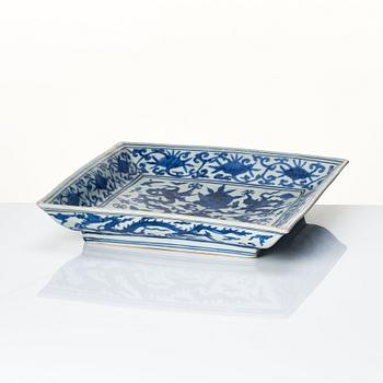 A blue and white dragon dish, Ming dynasty with Jiajings six character mark and of the period (1522-66).