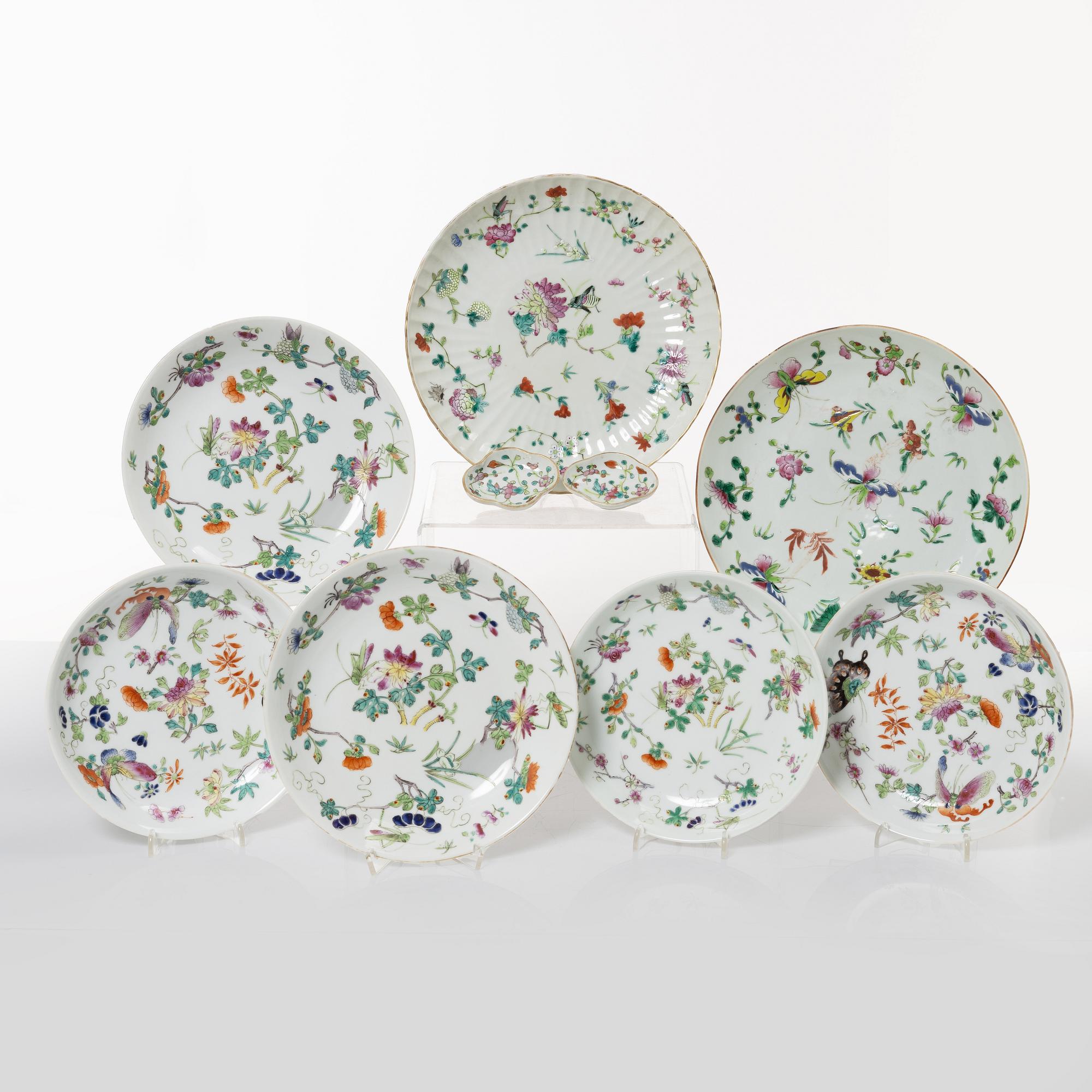 A group of nine Chinese famille rose porcelain dishes, 19th and 20th century.