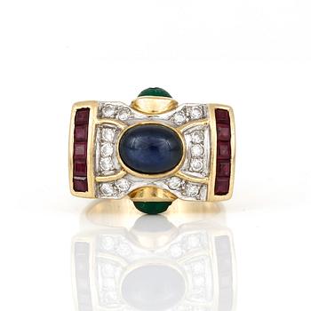 RING, 18K guld med diamanter, tot ca 0,28 ct, safir, ca 1,98 ct, smaragder och rubiner, Thailand. Total vikt ca 12,38 g.