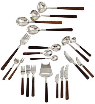 A set of 136 pcs of Bertel Gardberg flatware in stainless steel and palisander by Hackman, Finland. Comes with a palisander casket.