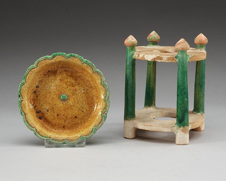 A green and yellow glazed dish and green glazed stand, Liao (916-1125) and Ming dynasty (1368-1644).
