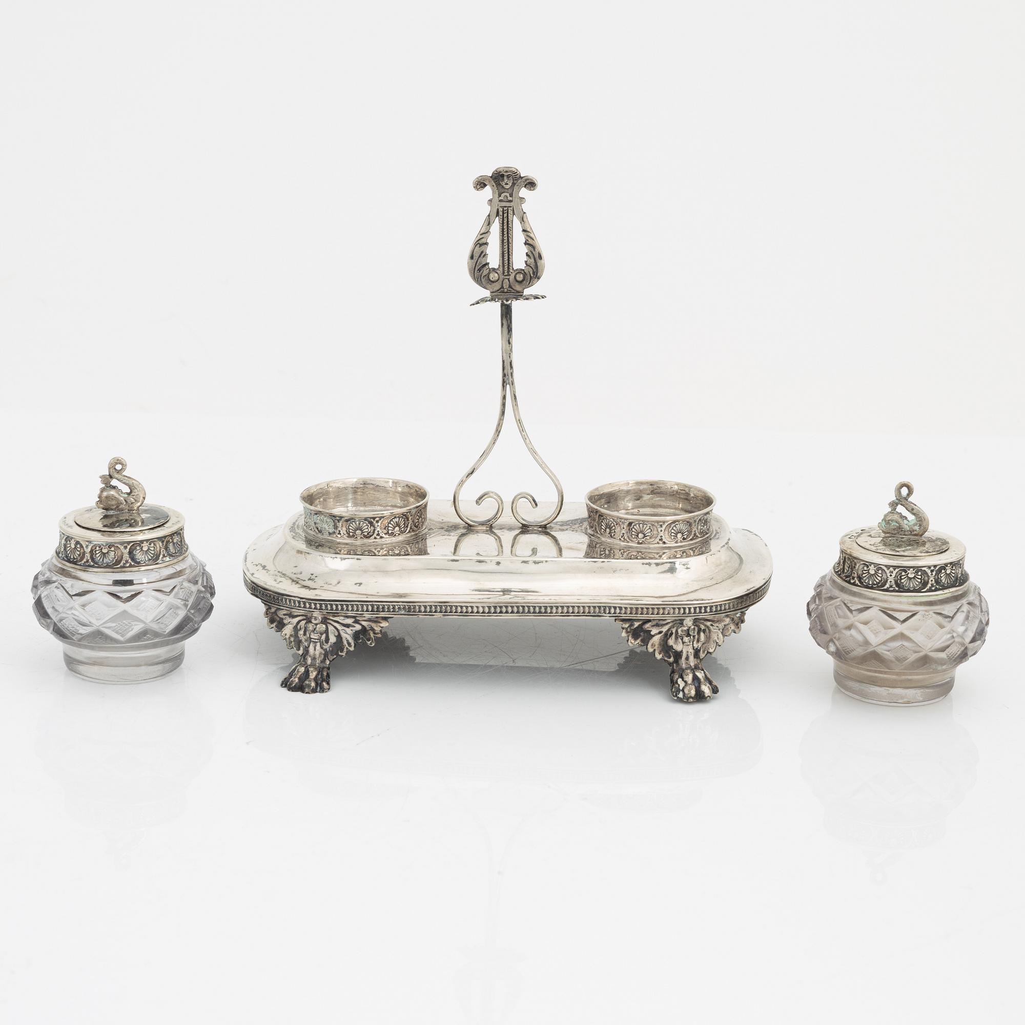 Carl Petter Lampa, skrivställ, silver och glas, empire, Stockholm 1828.