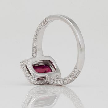 An unheated "pigeon's blood"-red, 1.59ct, ruby and brilliant-cut diamond ring.