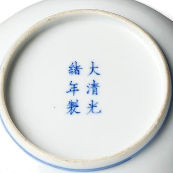 A pair of underglaze blue and and iron-red 'wufu' dishes, Qing dynasty with Guangxu mark and of the period (1875-1908).