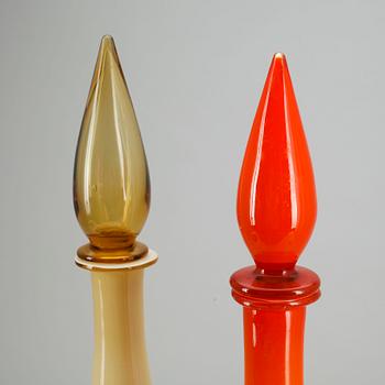KARAFFER, 2 st, glas, Venini, Murano, 1900-talets andra hälft.
