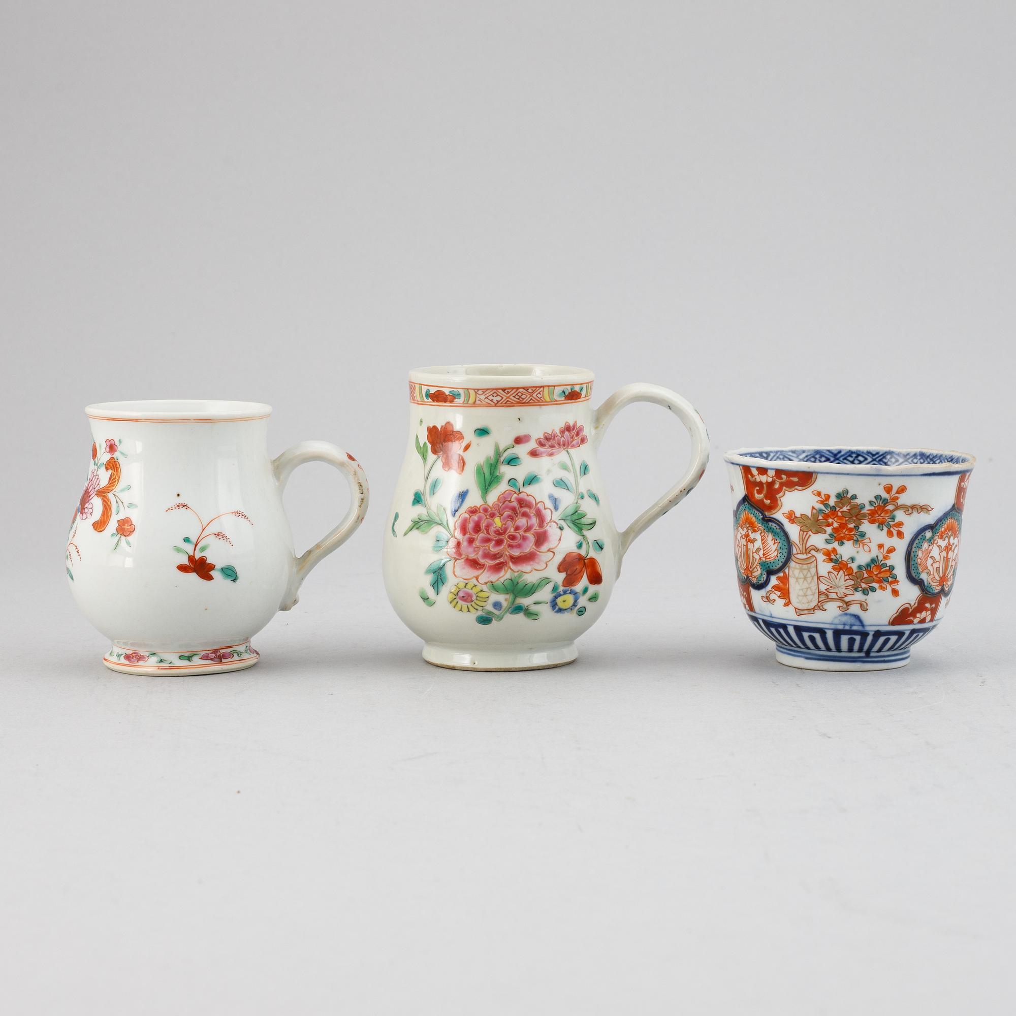 Two famille rose export porcelain jugs and a Japanese Imari bowl, Qing dynasty, Qianlong and Meiji.