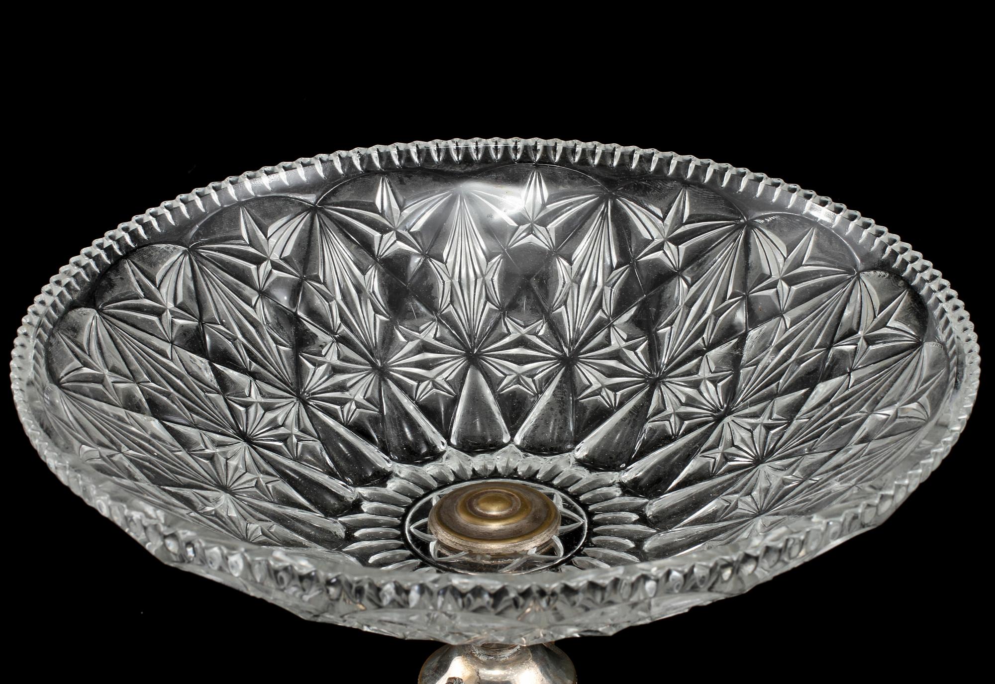 UPPSATSSKÅL, nysilver samt glas, omkring 1900-talets mitt.