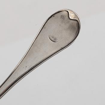 Two Swedish Silver Sprinkle Spoons, marks of  Nils Arf, Stockholm 1790, and Carl Gustaf Hjulström, Köping 1828.