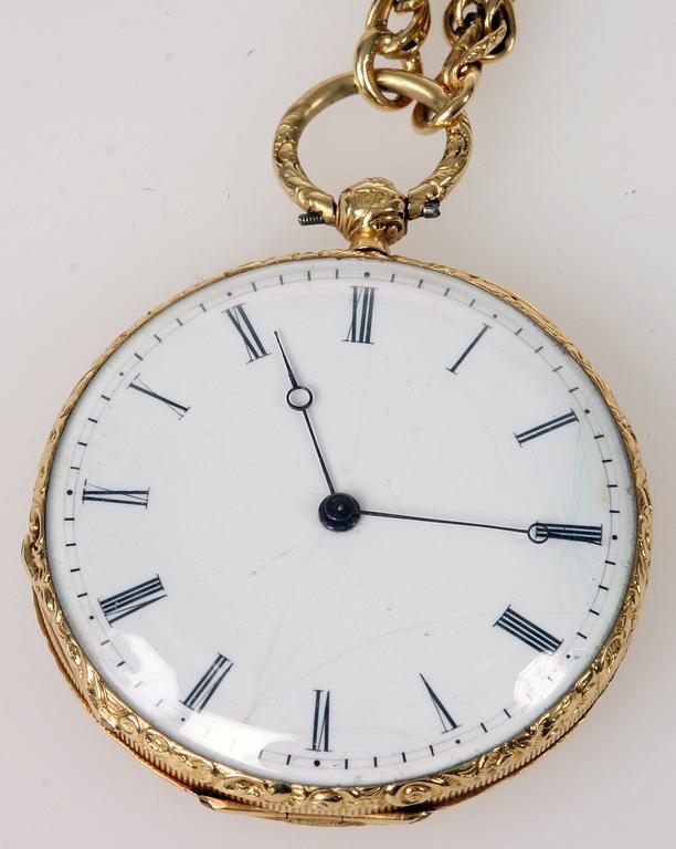 FICKUR SAMT KEDJA, guld 18k. total vikt 83 gram. 1800/1900-tal.