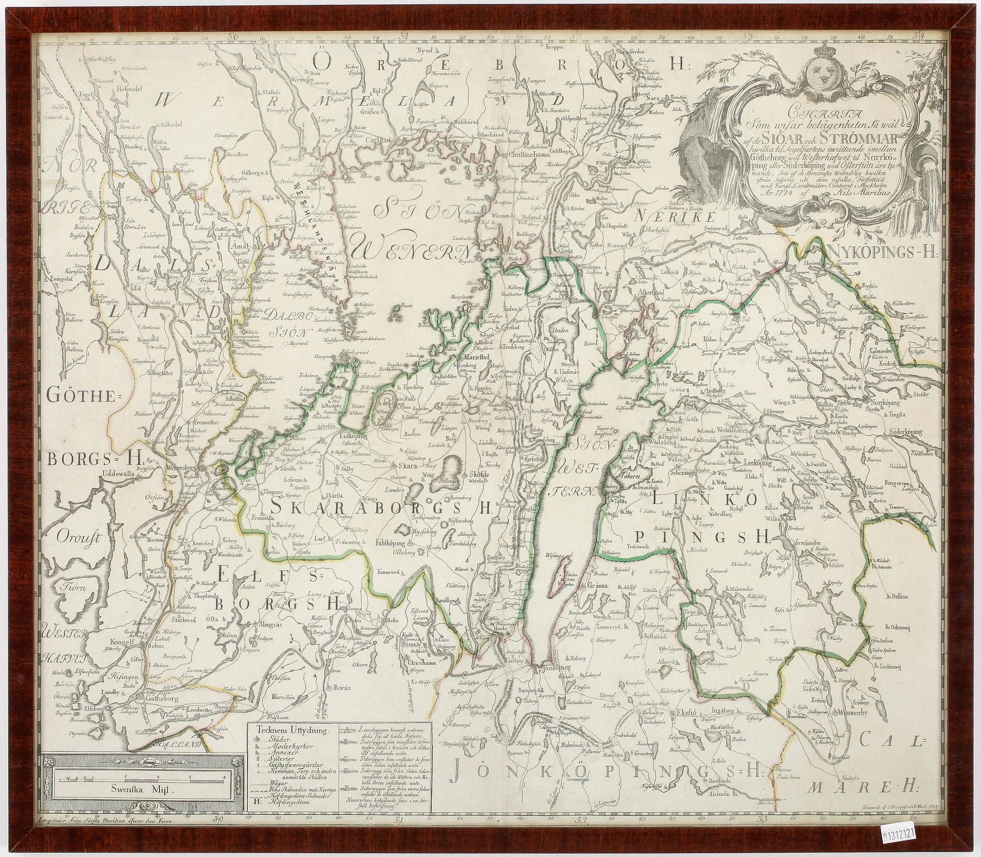 KARTA, delvis kolorerat kopparstick, Nils Marelius, daterat 1774 i plåten.