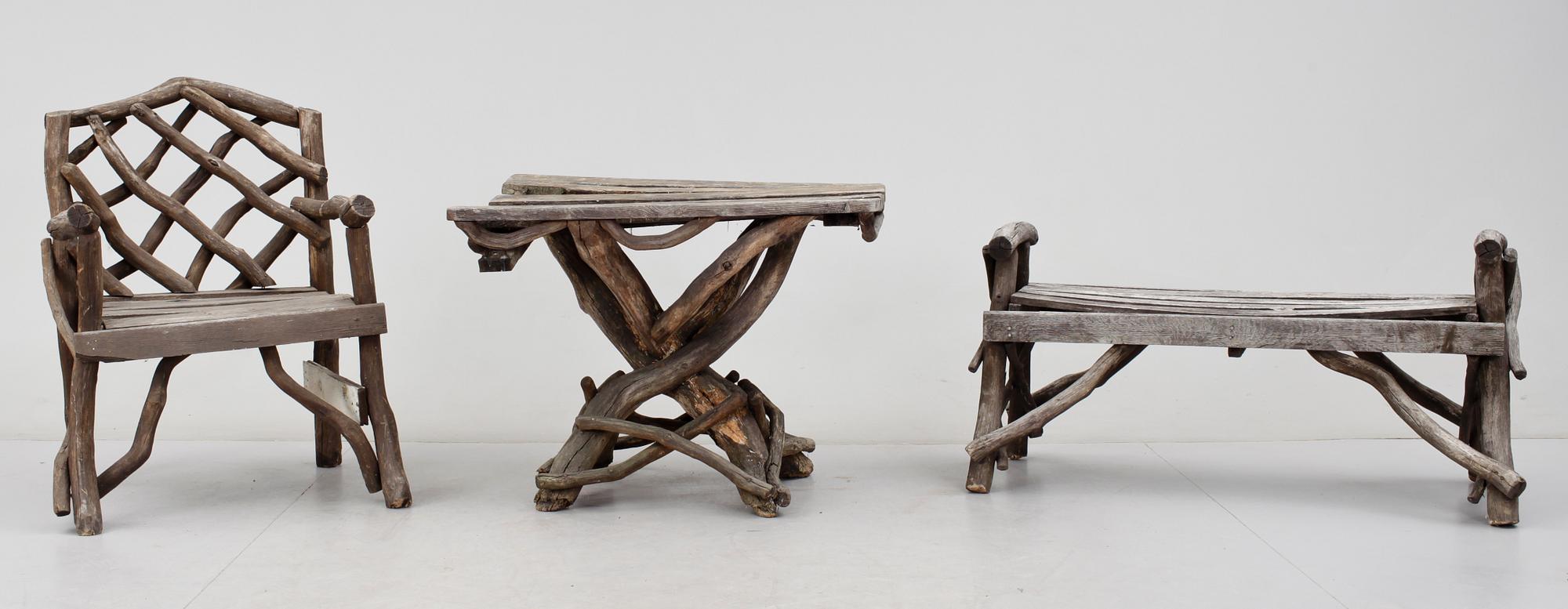 TRÄDGÅRDGRUPP, sk Grenmöbler, 3 delar, 1900-tal.