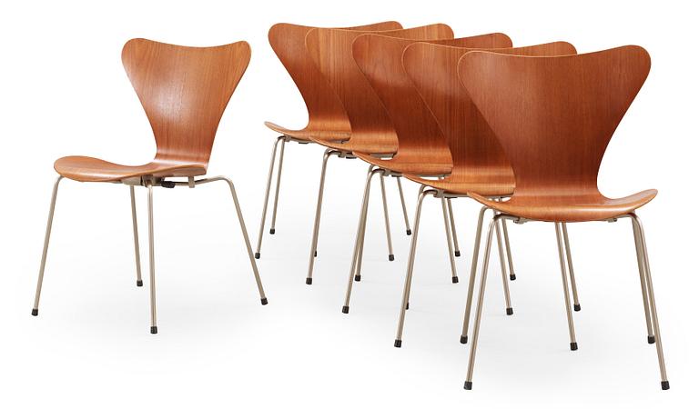 A set of six Arne Jacobsen 'Series 7' teak and steel chairs, Fritz Hansen, Denmark 1950's.